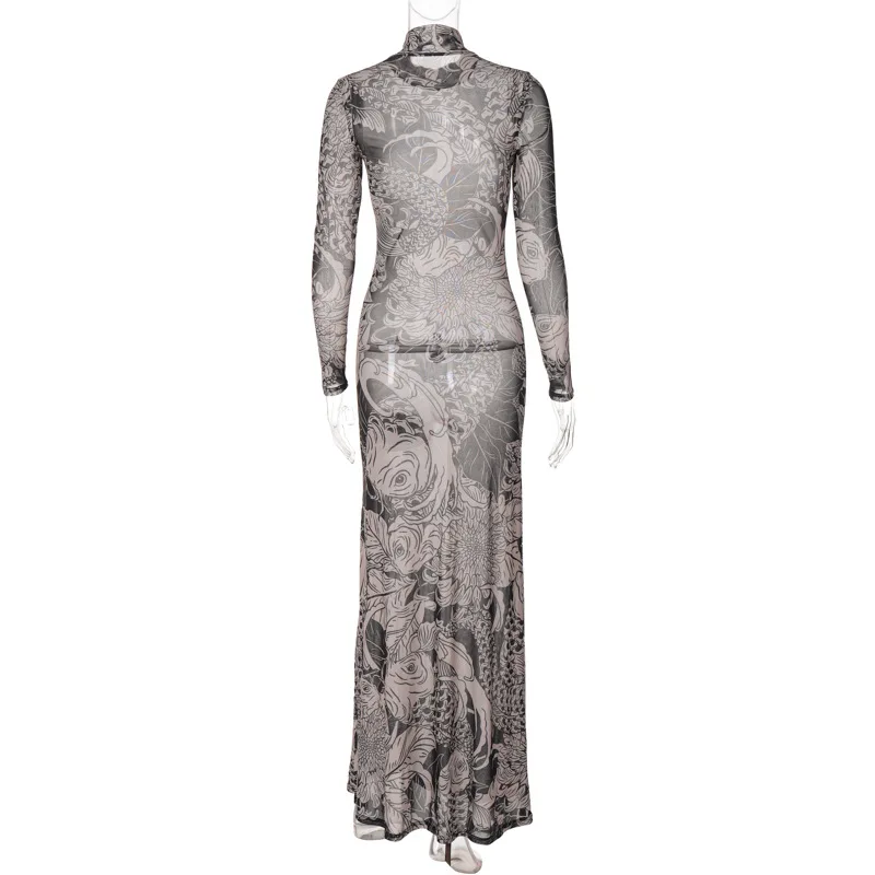ReddaChic Totem All-over Print Maxi Long Dress Women Long Sleeves Koi Fish Mesh Slim Bodycon One-piece Aesthetic Vintage Clothes