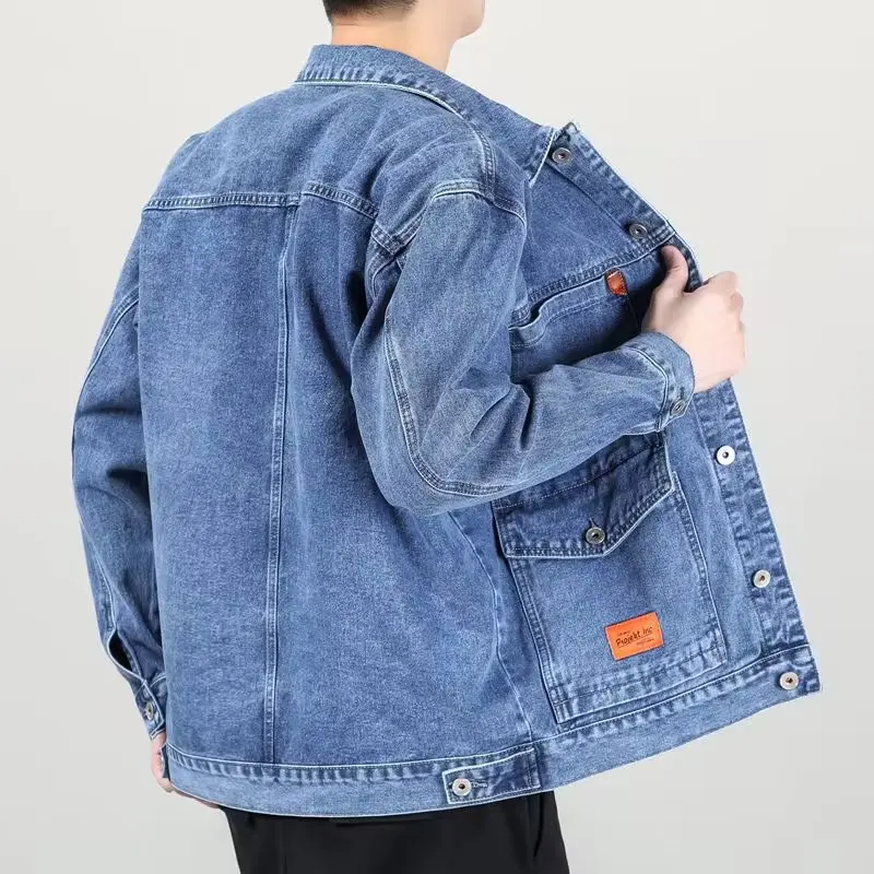 Loose Fit Casual Men's Denim Jacket Autumn Winter Japanese Style Workwear Large Size with Multiple Pockets Turn-down Collar