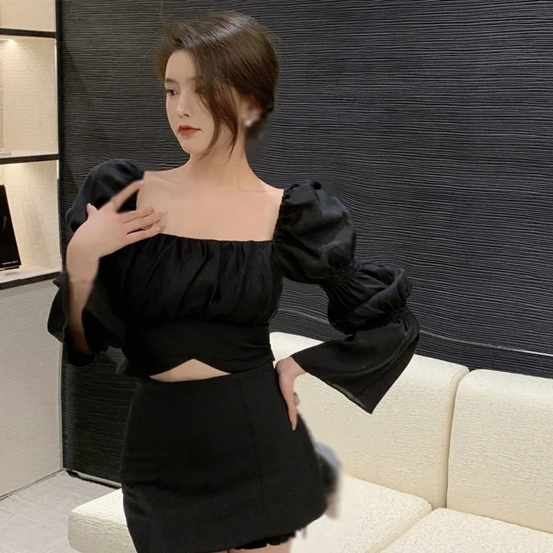 Women Korean Version Square Collar Bow Bandage Sweet Navel Exposed Chiffon Long Sleeves Shirts Blouse