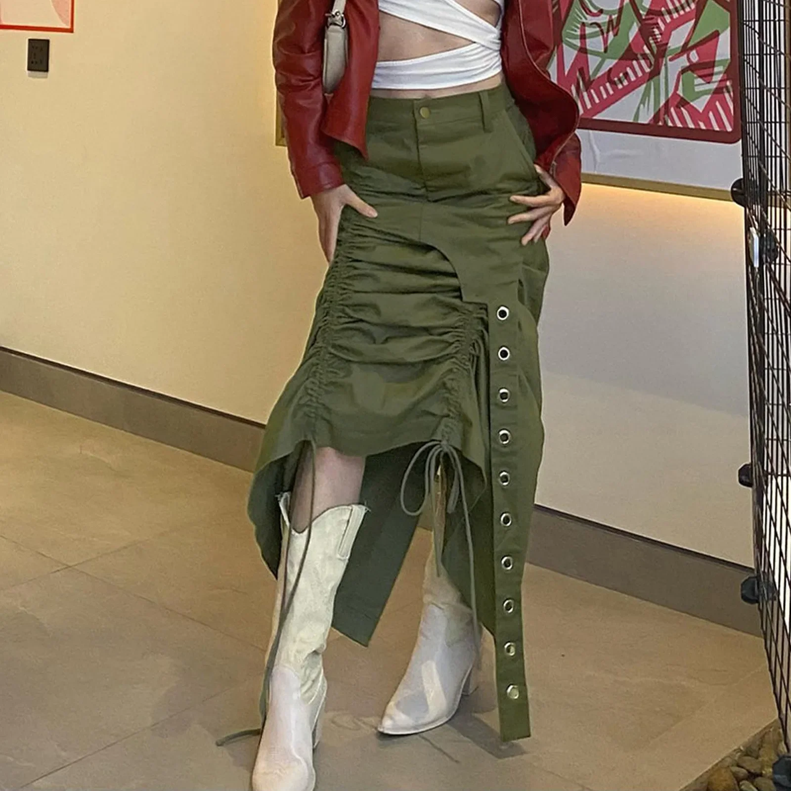 Irregular HemSkirts WomenRuched Drawstring High Waist Long Skirts Punk Style Costumes Women's Fashion Streetwear