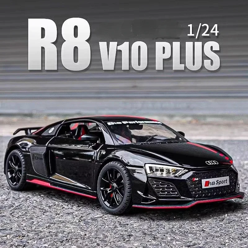 1:24 Audi R8 V10 Sports Car Model Diecast Metal Toy Sound and Light Children\'s Toys Collectible Ornament Gift for Children C163