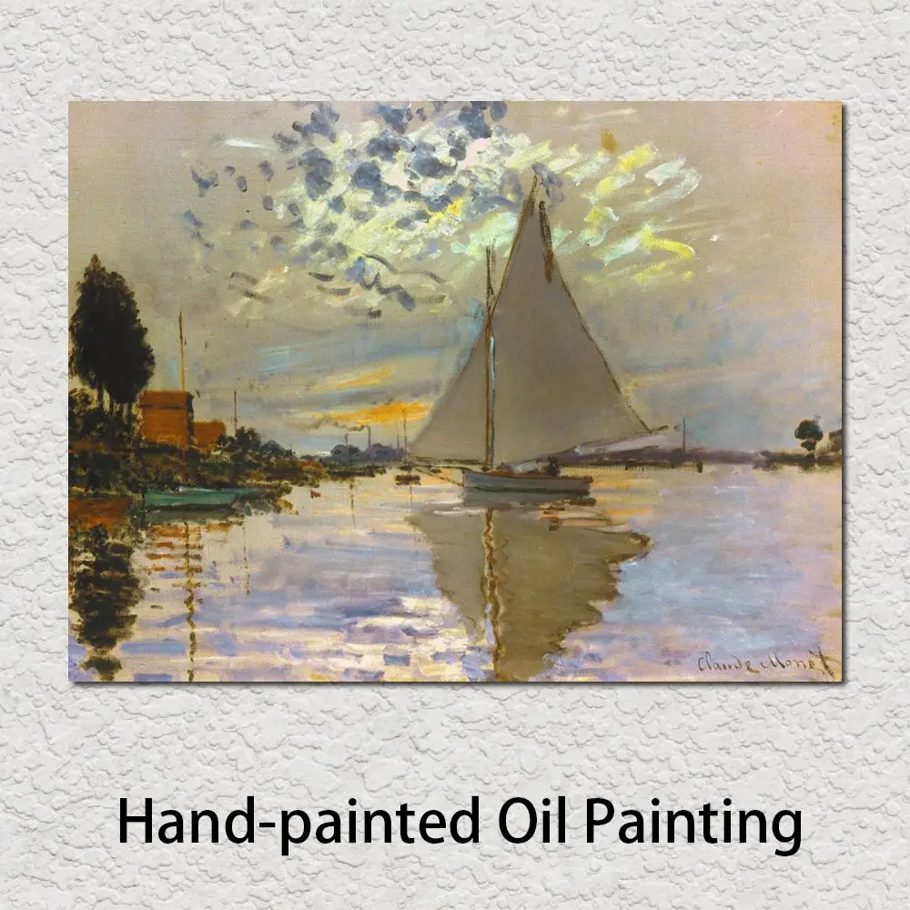 

Hand Painted Textured Canvas Art Sailboat by Claude Monet Painting Impressionist Landscape Artwork Modern Kitchen Bedroom Decor