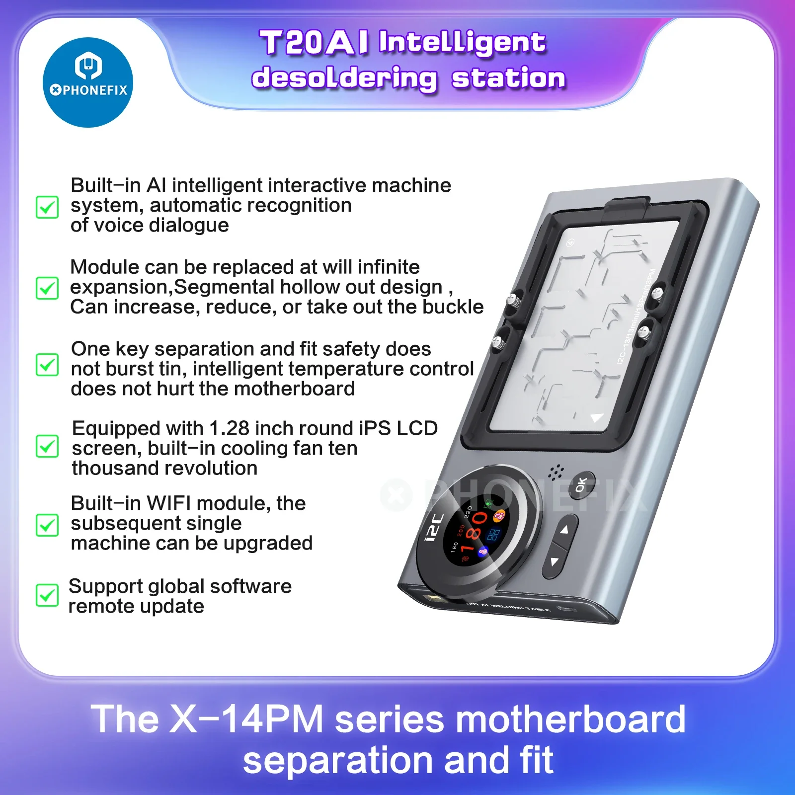 I2C T20 AI 지능형 예열 분리 플랫폼, 아이폰 안드로이드 메인보드 PCB CPU IC 페이스 ID 스크린 프레임 수리 도구