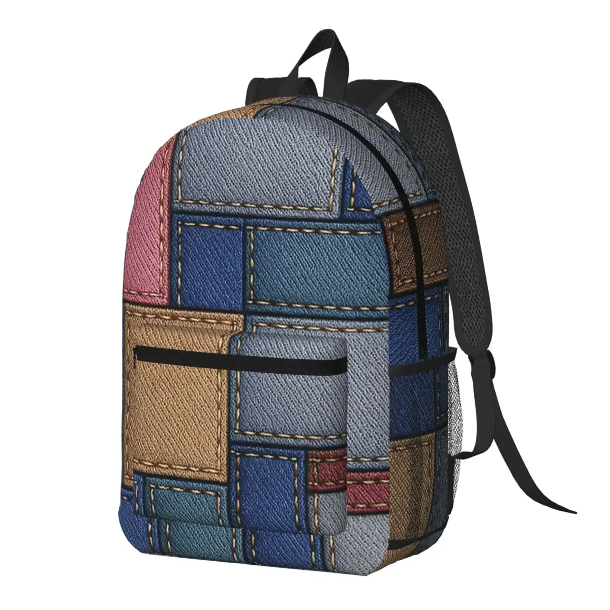 Blue Faux Denim Patchwork Quilt Backpack Daypack Large Capacity Boys Girls BookBag School Bag Shoulder Bags for Men Women