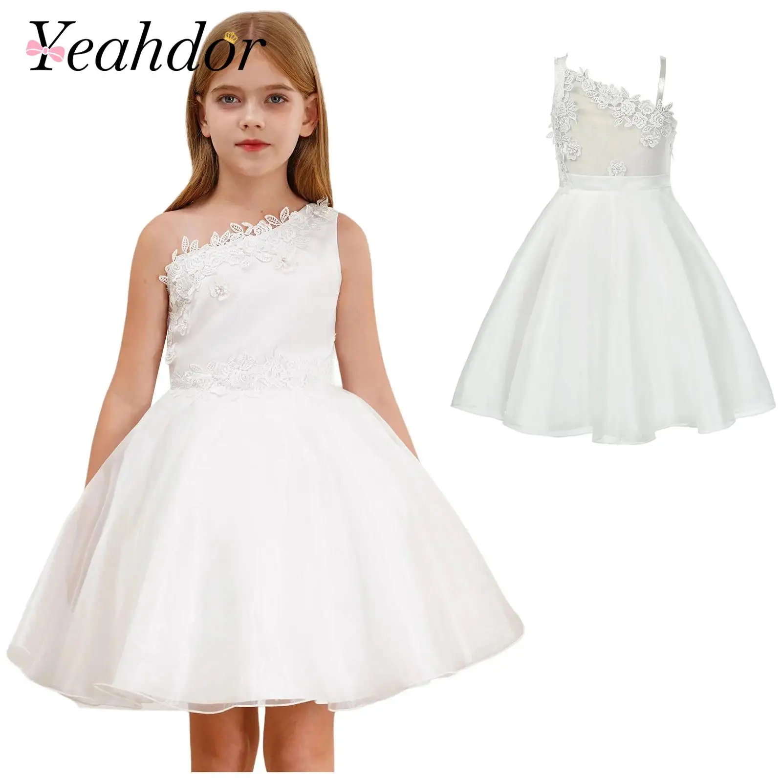 

2025 Girls Dress White Party Gown One Shoulder Embroidered Tulle Dresses Little Princess Vesidos Wedding Party Flower Girl Dress