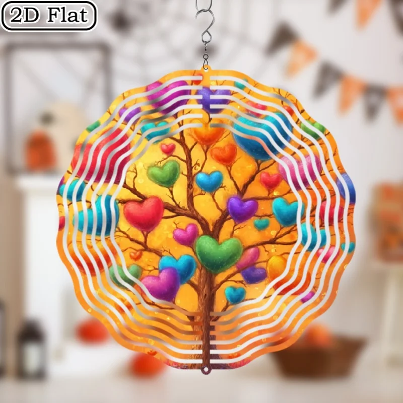 2D Flat Heavy Duty Iron Wind Spinner with Rotator - 360° Rotating Colorful Heart Tree with Rainbow Hook, Windmill Powered
