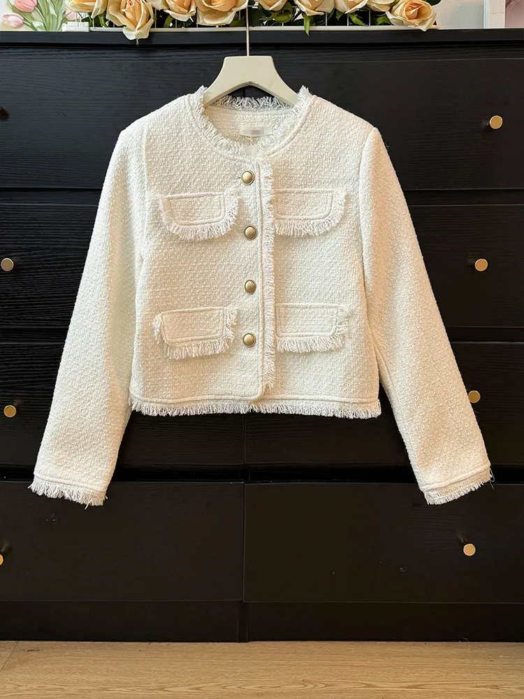 Solid color tweed fringe short style jacket women in spring design sense light luxury loose round neck long sleeved coat view 4