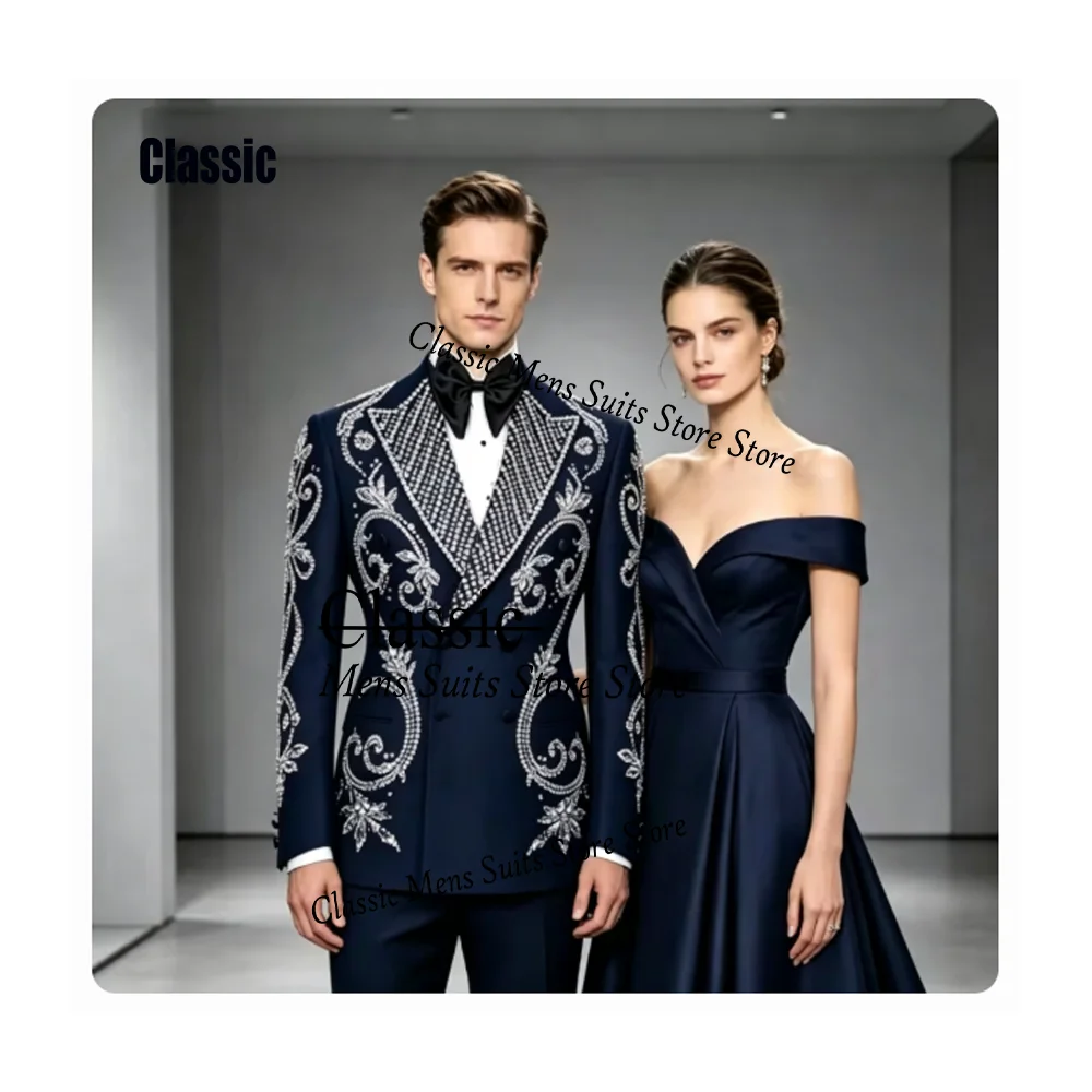 Customized Simple Beading Men suit Elegant Corset Gem For Wedidng Groom Male Prom Party Sparkly Blazer 2 Pieces Set Tuxedos Slim