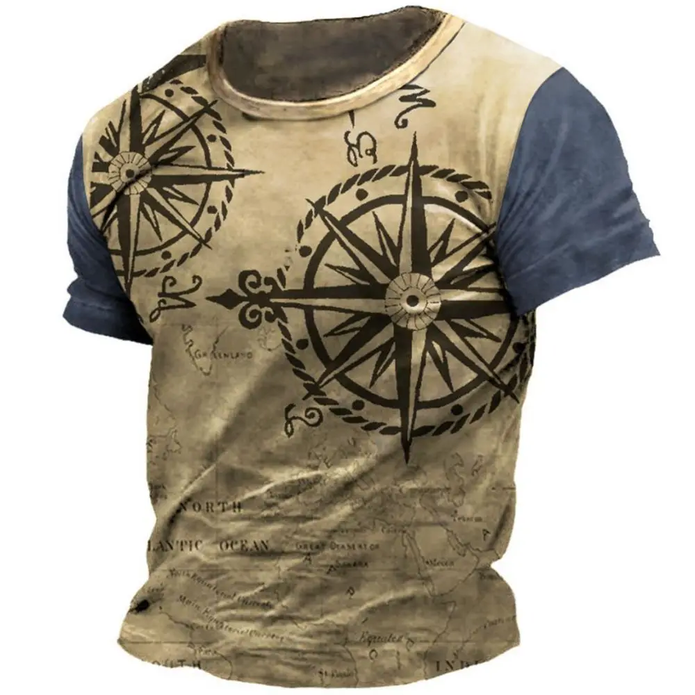 New Vintage T -Shirt Men\'s Summer Short -Sleeved Navigation Compass 3d Print T -Shirt Fashion British Men\'s Clothing Streetwear