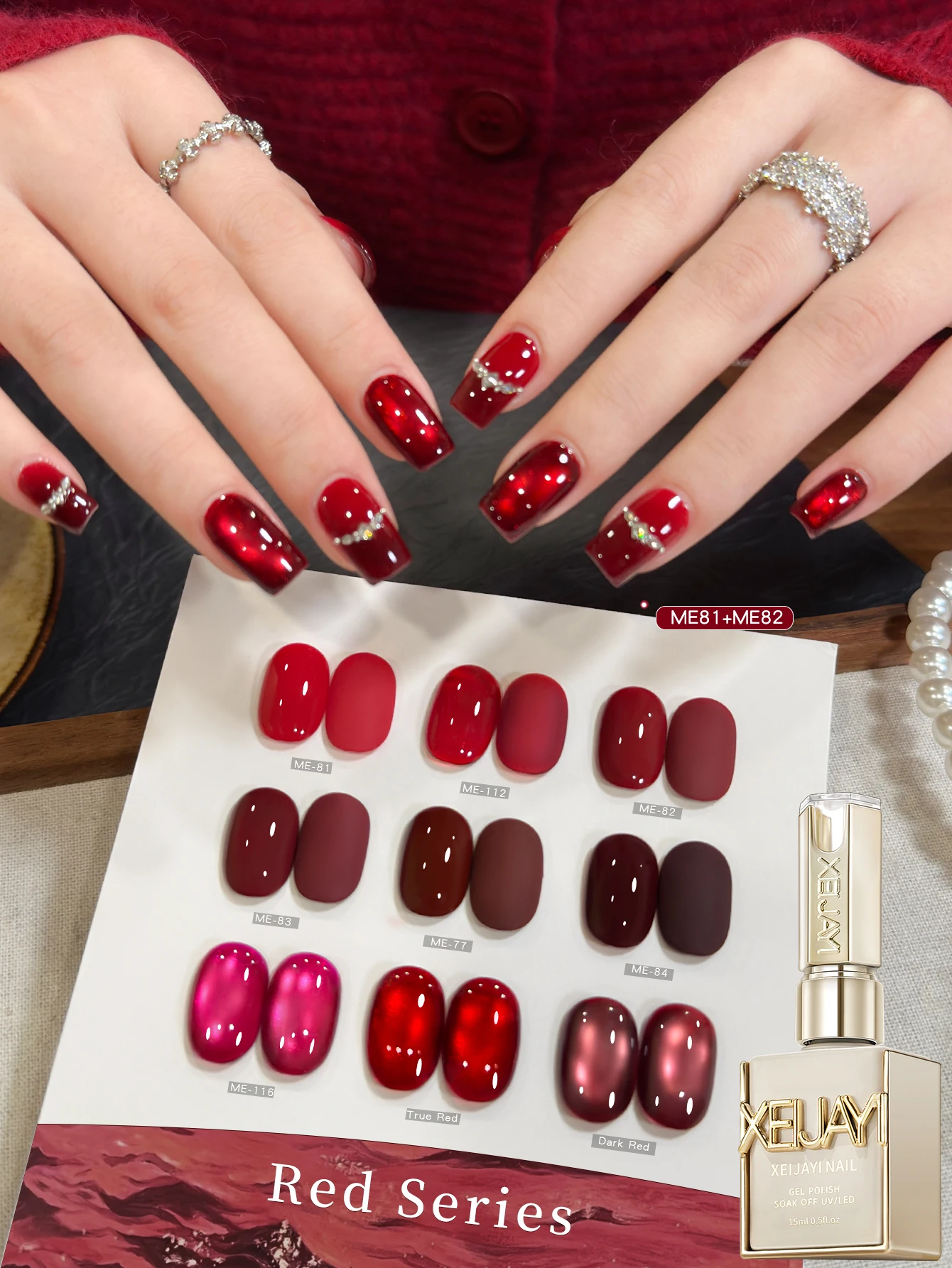 XEIJAYI 1/9 Stück 15ml Hochglanz Rote Serie Katzenauge Gel-Nagellack-Set in Verschiedenen Farben Abziehbarer UV/LED-Lack – Detail 1