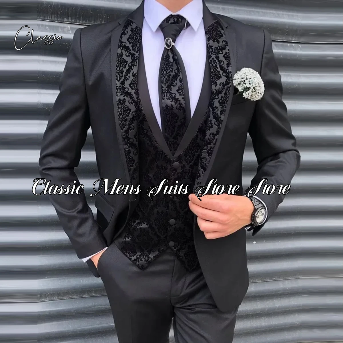 

Men's Suits 3 Piece Silm Black Groom Tuxedos Lace Notch Lapel Blazer Groomsmen Suits For Wedding Custom Man Fashion Clothes