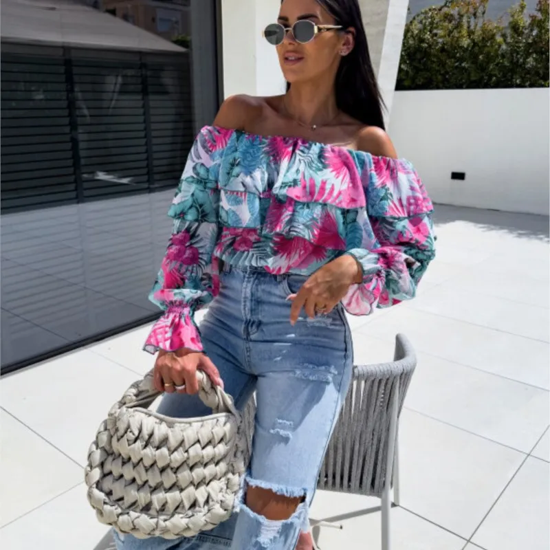 Sexy Off Shoulder Blouses & Shirts Women 2024 Summer New Cascading Ruffles Flare Sleeve Women Blouse Vacation Beach Party Tops