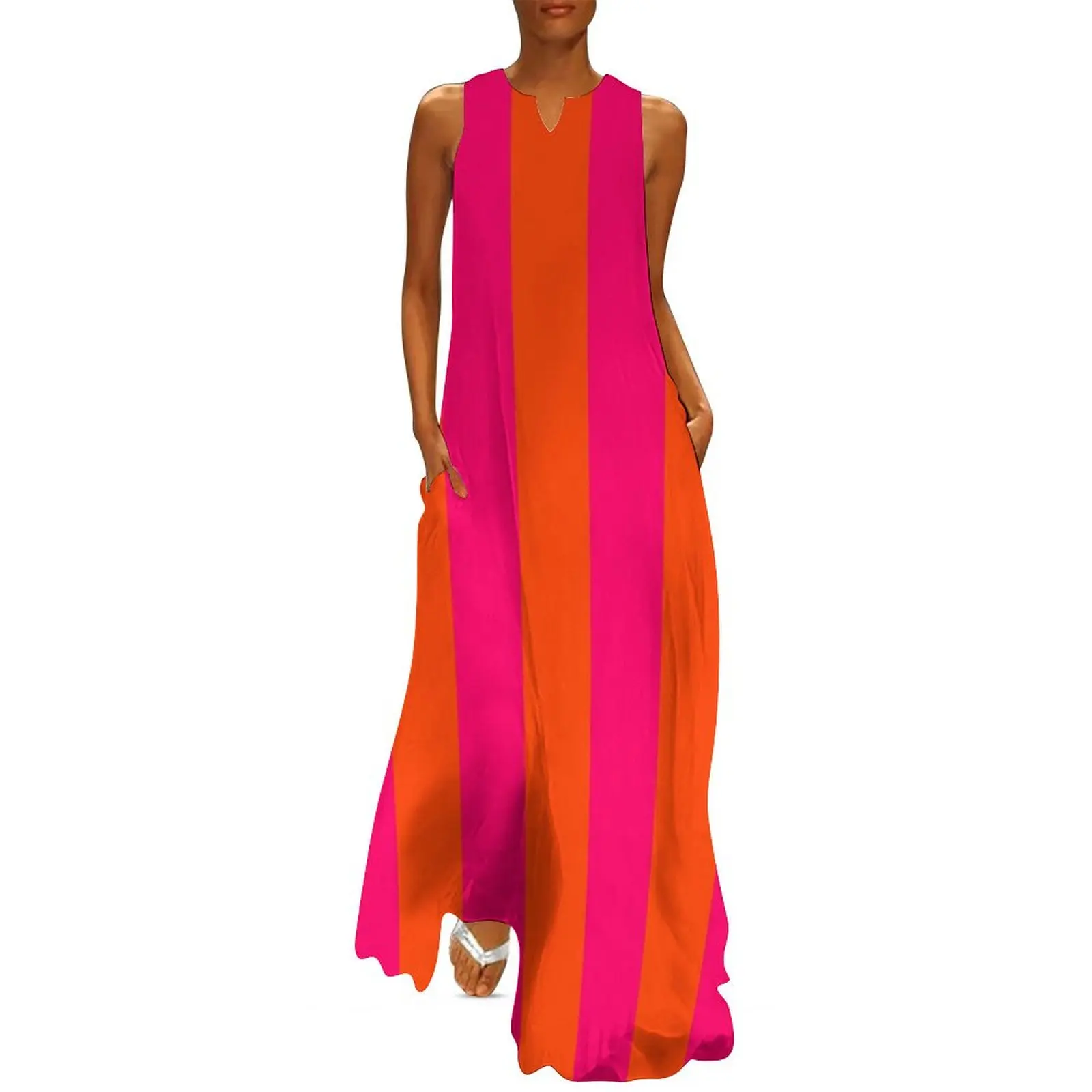 

Bright Neon Pink and Orange Vertical Cabana Tent Stripes Long Dress summer dress womens 2025 dress women summer