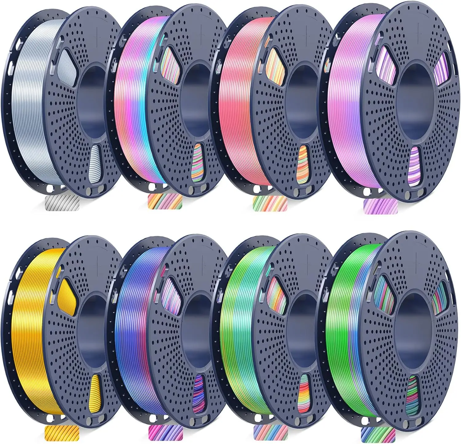 

Silk PLA 3D Printer Filament Bundle, 8 Rolls Multicolor Rainbow Fast Color Change, 1.75mm Diameter, Vacuum Packed
