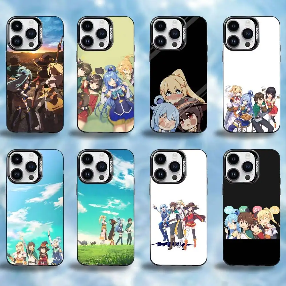 Konosuba Anime Handyhülle für iPhone17,16,15,14,13,12,11 Plus, Pro Max Schwarz Bunte Silber Handyhülle Funda Cover
