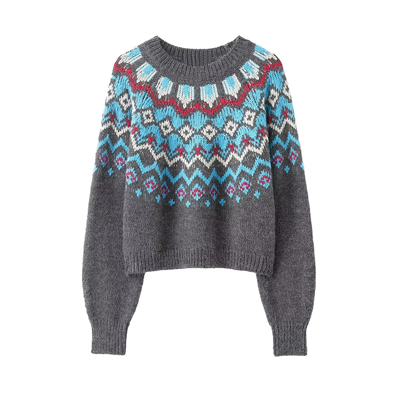 

Women's knitted Sweater Fashion Jacquard O-Neck Long Sleeves Pullover Sweaters Vintage Female Chic Tops