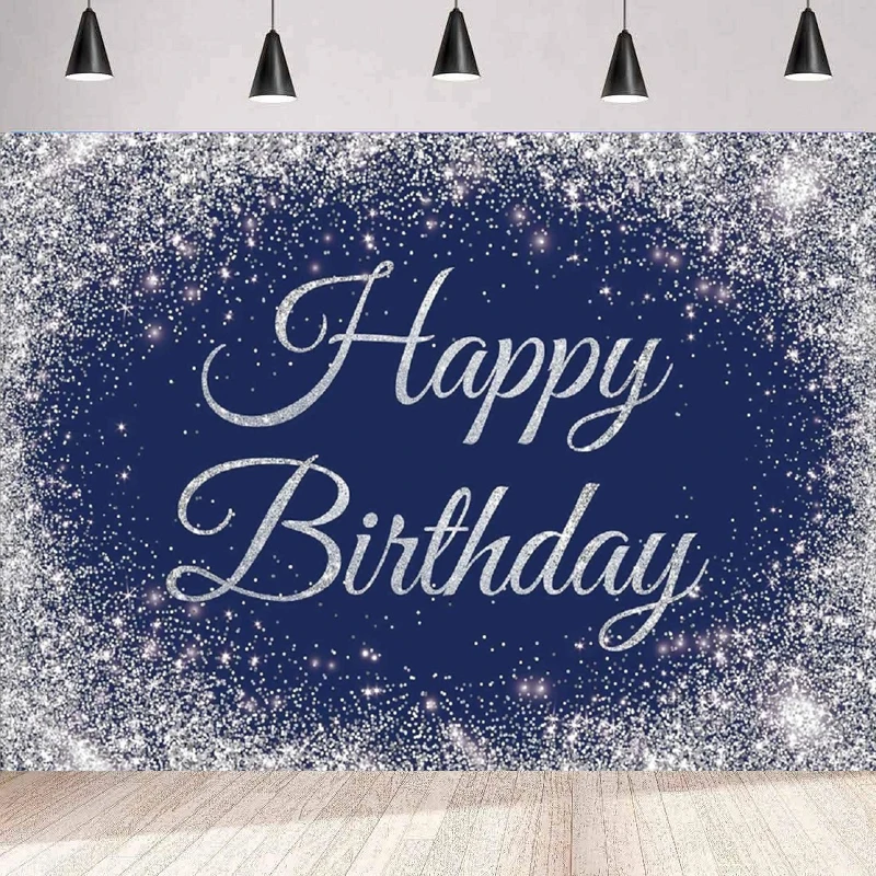 

Фон для фотосъемки темно-синий и серебряный баннер с днем рождения, блестящие пятна, украшения, фон, настенный постер