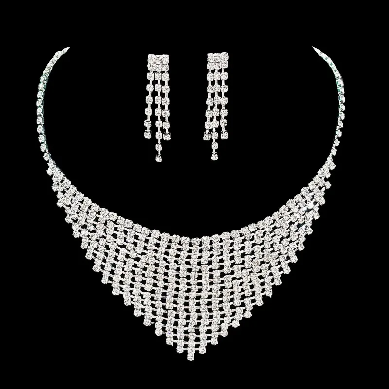 

European and American rhinestone silver tassel pendant accessory, women's two-piece set, banquet and holiday gift