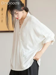 OriGoods Women Linen Blouse V-neck Solid Black White Shirt Oversized Top 2024 Summer Long Sleeve Linen Shirt Blouse New B004
