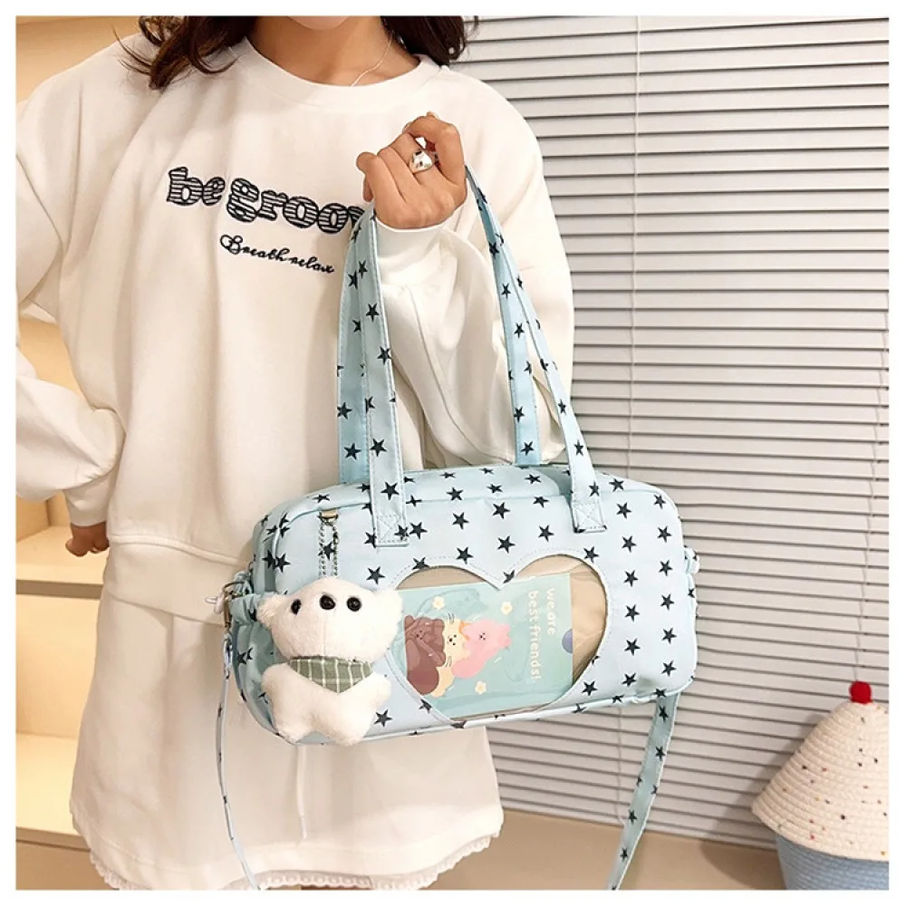 Star-printed canvas bag, cute angel wings embroidered tote bag, large capacity, suitable for classes and commuting, adjustable s