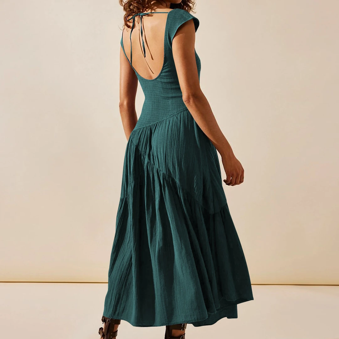 Fashion Sexy Stitching Backless Bohemian Women Dress Sleeveless U-Neck Long Strap Beach Vacation Dress Elegant Summer Vestidos