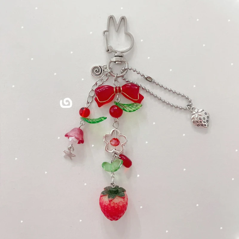 

Handmade bunny keychain red bow beaded charm y2K original design
