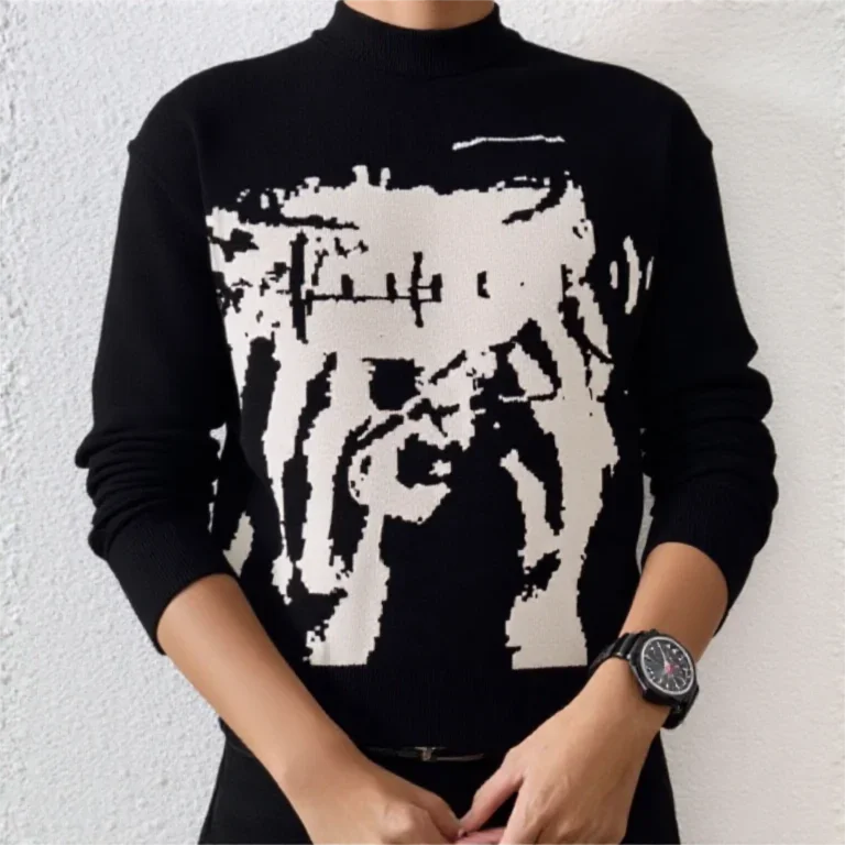 

Y2k O-neck Retro Portrait prints Sweater Vintage Harajuku Knit Slim Pullovers Korean Style Winter Knitwear 2000s Aesthetics