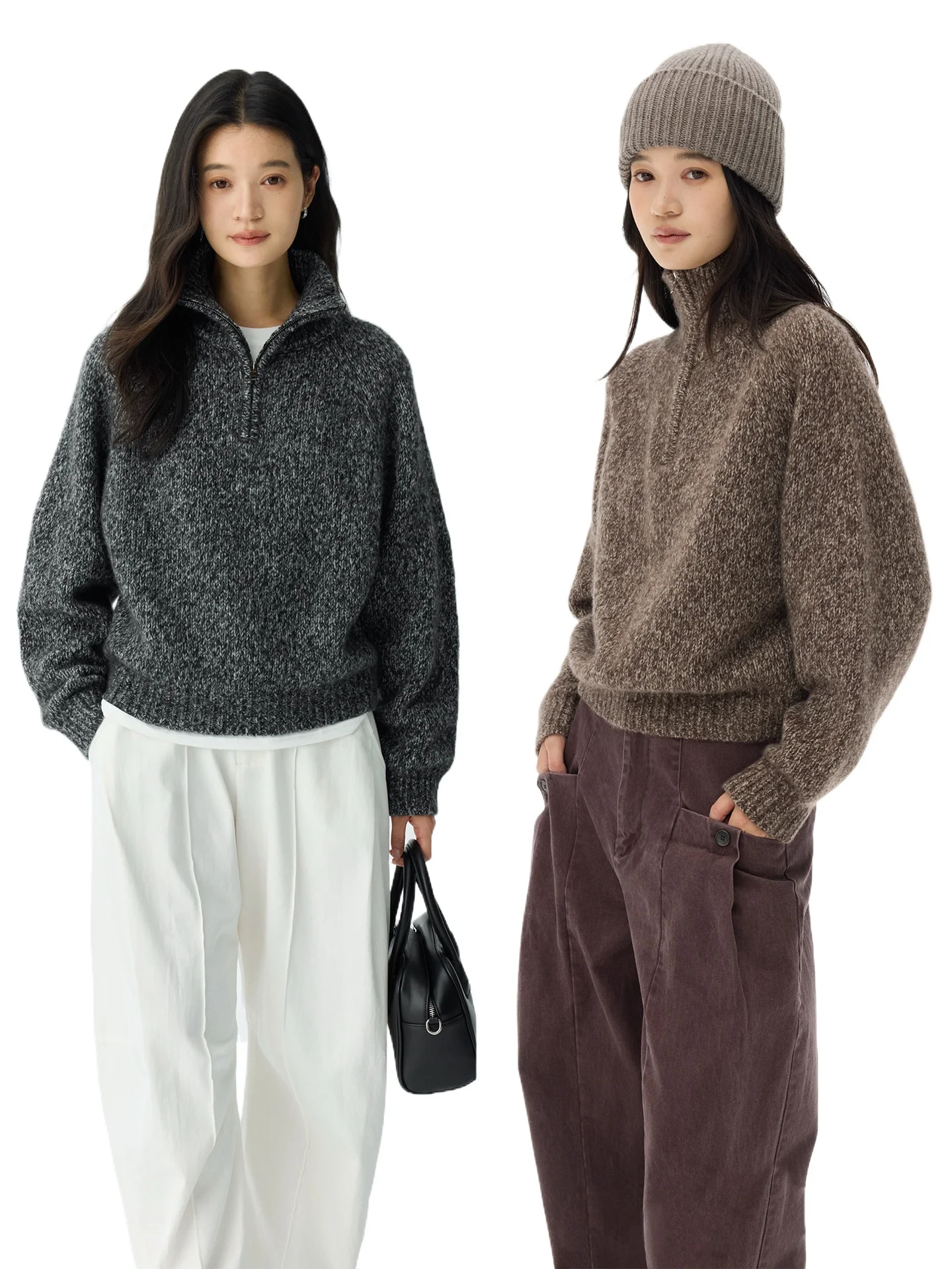 

Winter stove_Heavy melange cloud cashmere half-zip lapel loose silhouette lamb shank sleeve knitted sweater