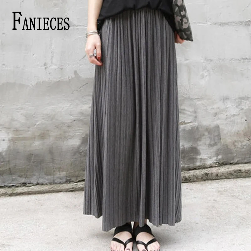 FANIECES Casual Loose Solid Black Gray Ankle-length Women Pleated Long Skirt High Waist Korean Chic Basic Ladies Skirts Faldas