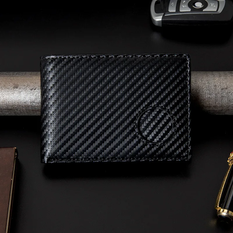 Slim Genuine Leather Wallet for Men Airtag Hidden Carbon Fiber Pattern Bifold Wallet Man RFID Blocking Credit Card Holder Purse