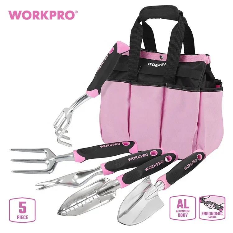 WORKPRO 5pcs Pink Gardening Digging Tools Trowel Transplanter Weeder Hand Rake Fork  Pink Garden Tool Set