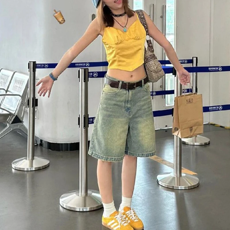 

Women's old blue High Waist Loose Denim Bermuda Shorts Casual Wide Leg Mid Length Jeans
