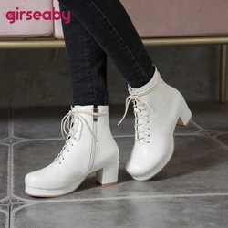Girseaby Women Ankle Boots Round Toe Square Heel 5.5cm Platform PU Lace-Up Short Plush Non-slip Lolita Big Size 32-48 B2144