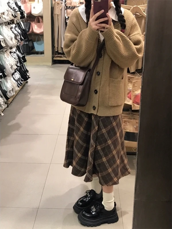 

plus Size 300 Pou Women's Plaid A-Line Midi Skirt Autumn Winter High Waist Woolen f-length Umbrella Skirt Faionable V...