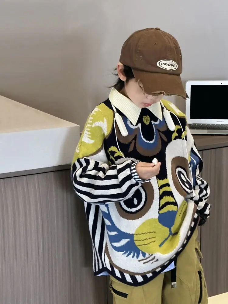 Children's Sweater National Fashion Boys Plush Thickened Knitted Sweater New Medium and Large Children's Loose Pullover Top