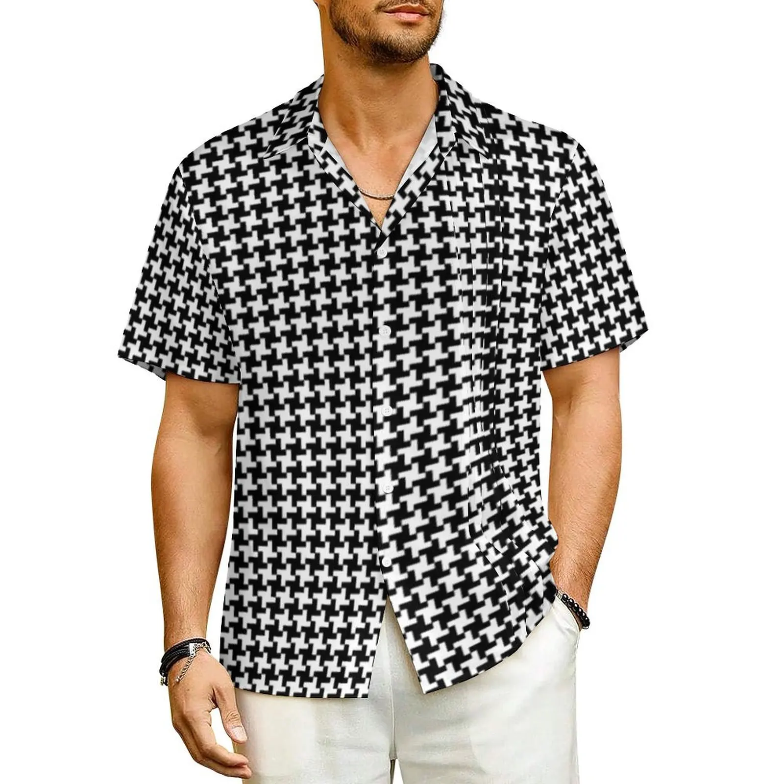 

Houndstooth Geometric Summer Shirt Male Beach Black Texture Casual Shirts Short Sleeve Fashion Design Classic Plus Size Blouses