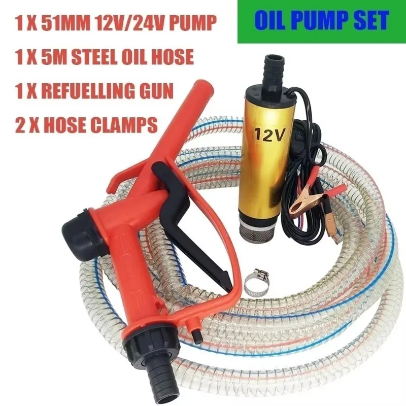 2 in 1 Oil Pump Refueling Gun Electric Submersible 5 Meter Steel Hose Fuel Water Camping Accessories