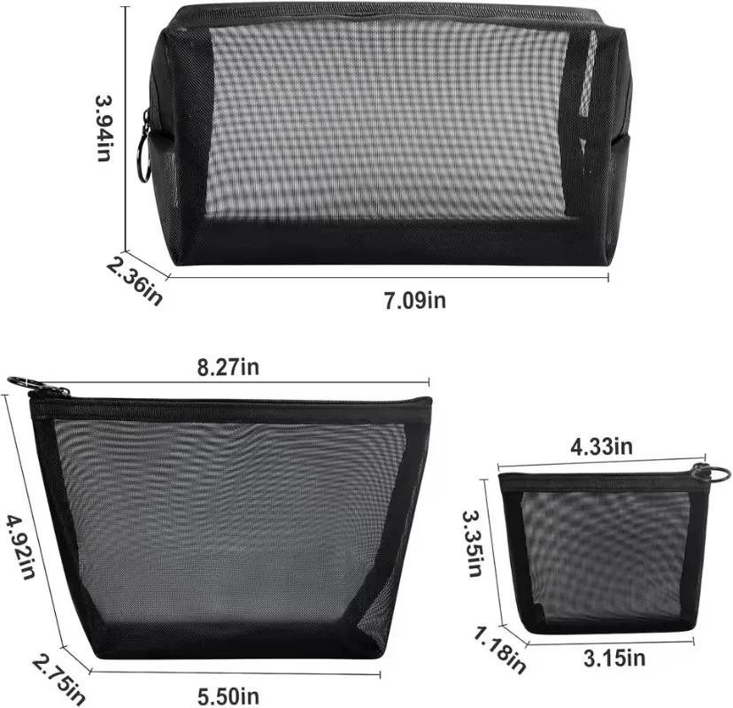 3pcs Black Mesh Makeup Bag Small Large Organizer Set Cosmetic Pouch with Zipper Breathable Suitable for Travel Storage Pouch