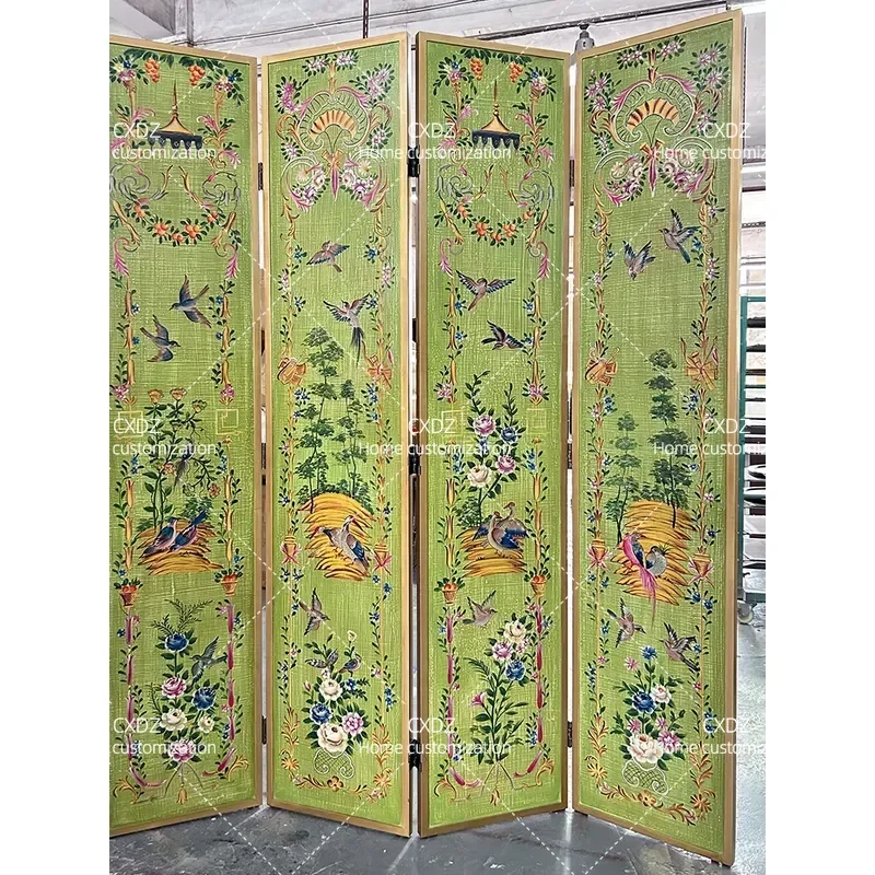 Retro European Style Hand Painted Folding Screen Semi Transparent Room Divider Solid Wood Mobile Partition for Hotel Entrance