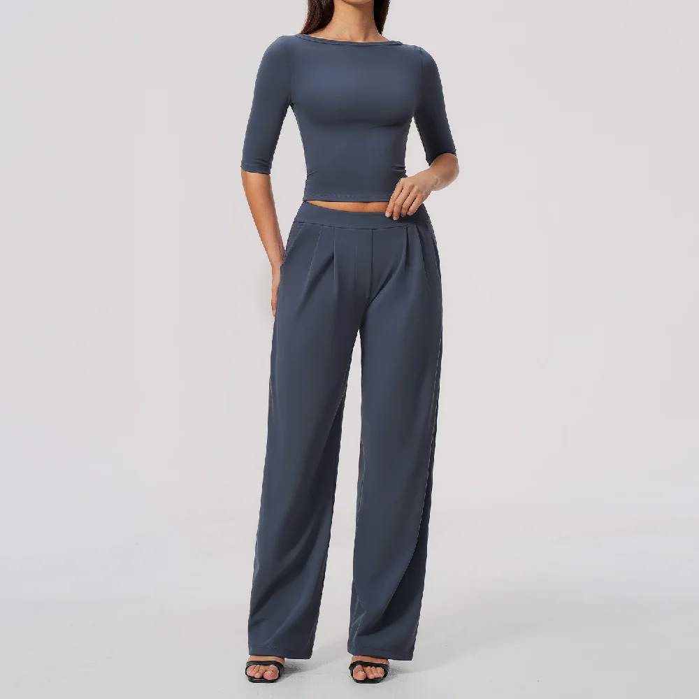Woman Yoga Set 2 Piece Fitness Suit Running Workout Gym Clothing Outfits Sportswear Tracksuit Mid Sleeve Crop Top Wide Leg Pants