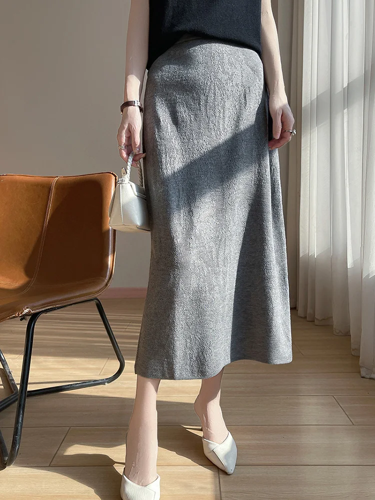 

Classic 30% Merino Worsted Wool Women Skirt Spring Summer Female Clothing Solid Soft Lady Knittwear Casual New Long Skirt Dress