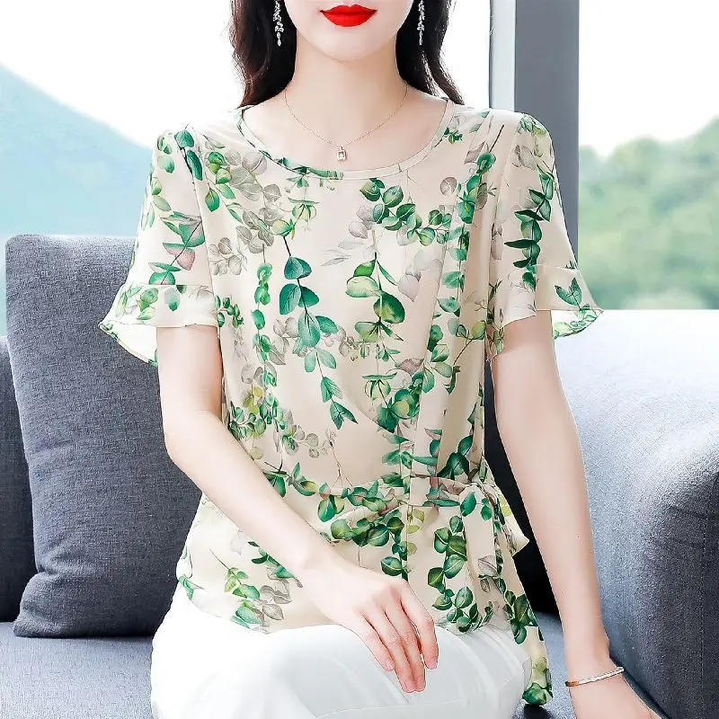 

Elegant O-Neck Printed Bandage Butterfly Sleeve Blouses Women's Clothing 2025 Summer New Loose Office Lady Tops Chic Shirts