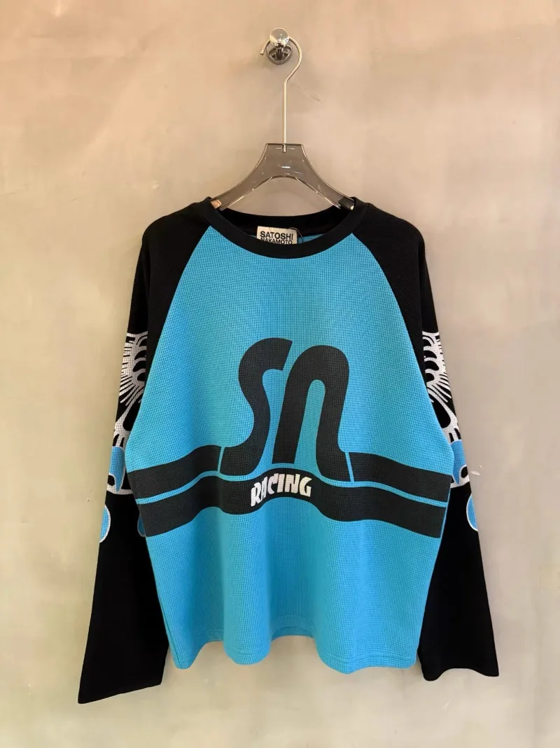 Satoshi Nakamoto Blue Color Blocking Splicing Pullovers Men Women Oversized Waffle Long Sleeved T Shirt