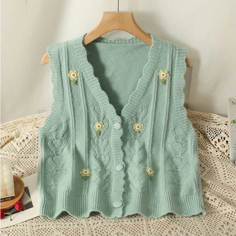 

10 Colors Sweater Vests Women Cozy Sweet Vintage Appliques Gentle Design Prairie Chic Autumn Basic V-neck Knitted Harajuku Lady