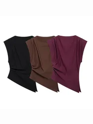 KUCLUT Women Fashion Chic Gathered Top With Shoulder Pads Female Sleeveless Asymmetrical Tops Ladies Elegant Clothing