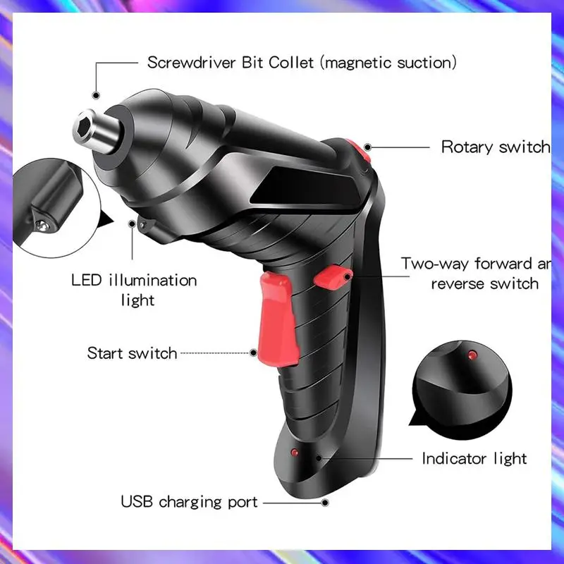 

47 Piece Electric Screwdriver Cordless Screwdriver Black Plastic+Metal 3.6V Cordless Drill Screwdriver Rechargeable