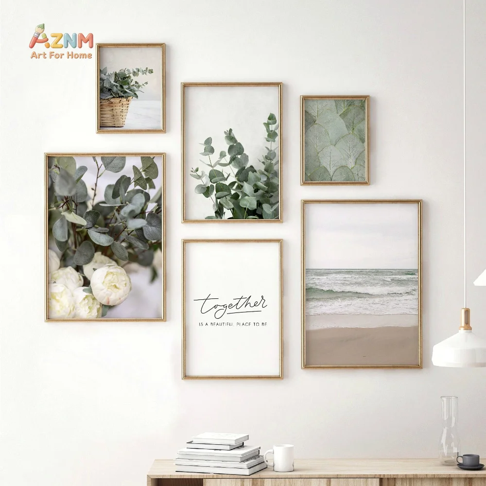 AZNM Neutral Eucalyptus Canvas Wall Art,Green Plant Peony Flower Beach Ocean Inspirational Quote Unframed Canvas Poster for Livi