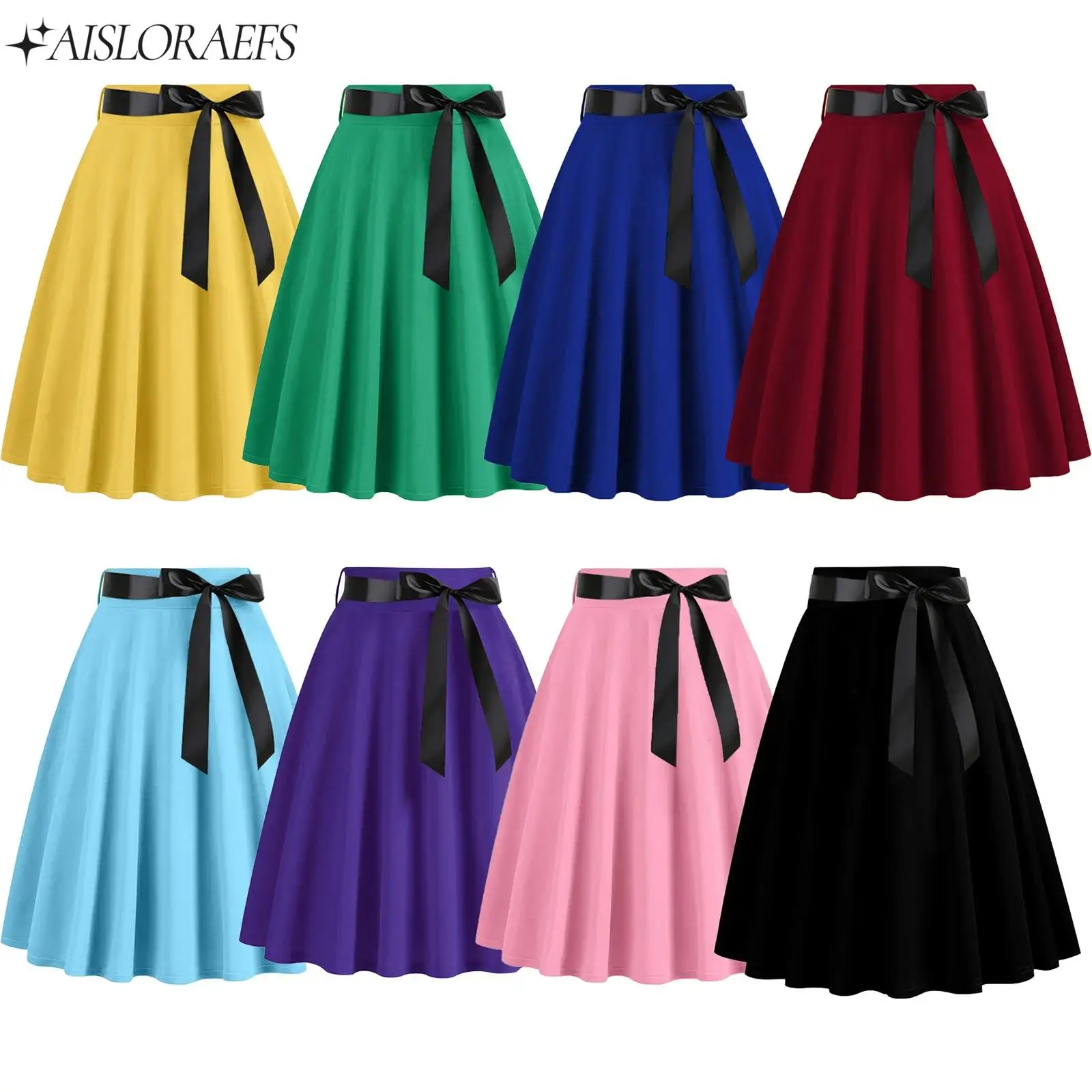 

Womens Y2K Clothes Retro Swing Skirt with Ribbon Belt Solid Color A-line Midi Skirt for Casual Office Cocktails Party Holiday
