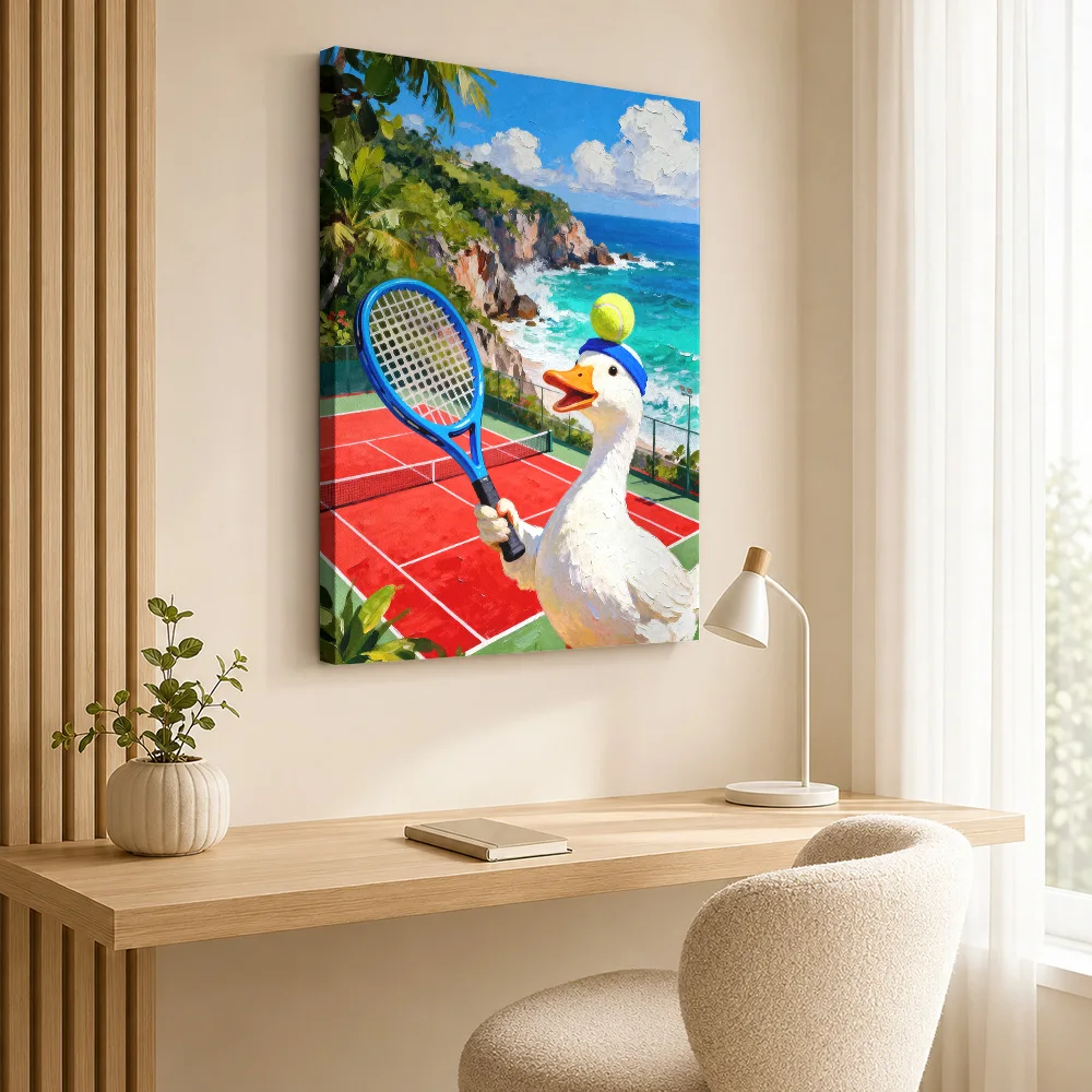 Duck Tennis Player On Tropical Court Canvas Painting Poster Customized Sports Portrait Wall Art for Office Decor Ready to Hang