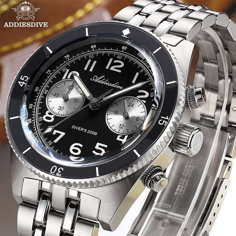 ADDIESDIVE Wasserdichte Herren-Analoguhren, Blasenspiegel, Saphir-Quarz-Armbanduhr, blau leuchtend, 200 m, Taucher-Sport-Freizeituhr